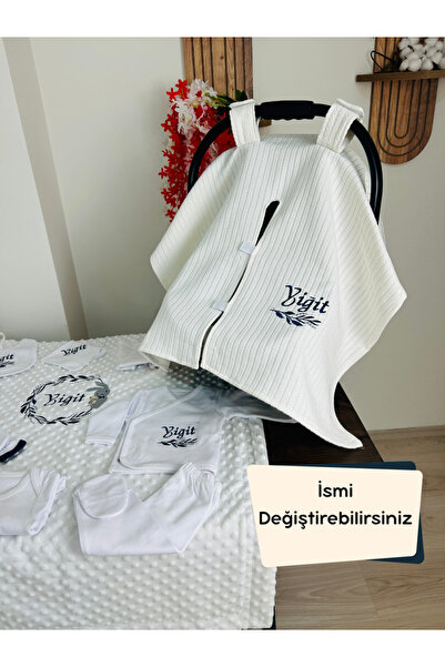 KARSU TASARIM Nakış İşlemeli İsimli Hastane Çıkış Seti, Takı Yastığı ve Puset Örtüsü %100 Pamuk 12 Parça 0-3 Ay