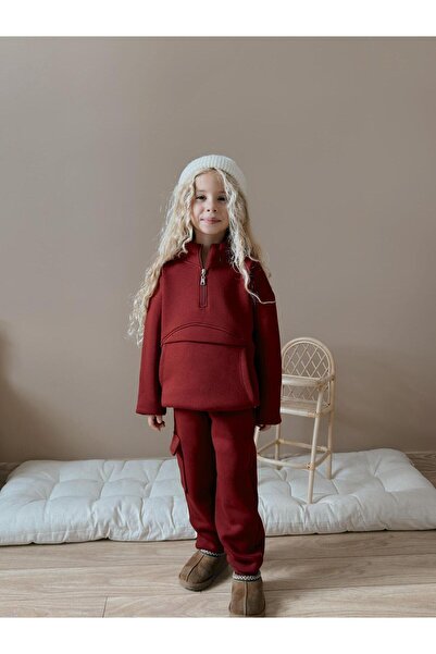 RAPAPA Girl's Burgundy Cargo Pocket Embroidered 2-Piece Tracksuit Set-7106-B