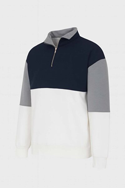 trender Half Zipper Segmented 3 Thread Raised Ecru Men's Sweatshirt 5719