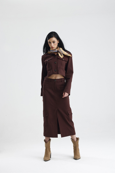 GACA COLLECTION Edessa Two-Piece Suit Gabardine Mini Jacket Long Skirt Pocket...