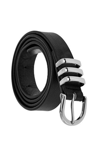 OEM Black Belt with Metallic Silver Buckle for Women 110x2.3cm - One Size