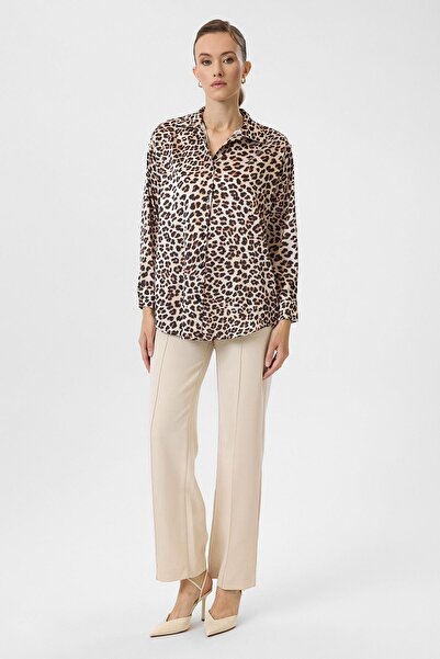 TIFFANY&TOMATO Leopar Desenli Klasik Saten Gömlek