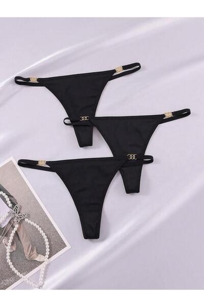 Maly Love Kadın Siyah 3lü Paket Halka Aksesuar Detaylı Tanga