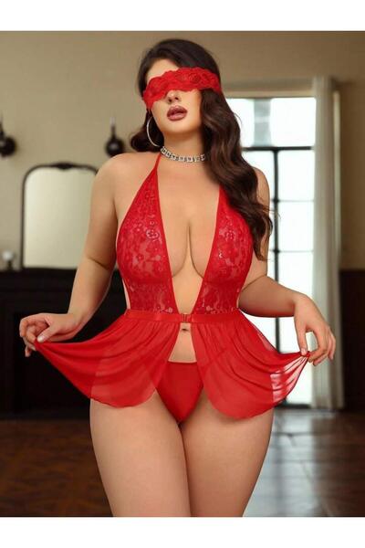 Nightlight Women's Black Tulle Lace Detailed Mini Plus Size Nightgown