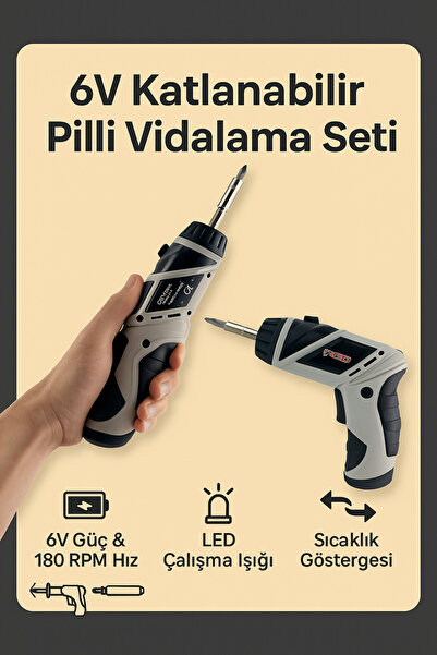Coverzone Kablosuz Tornavida 6V, 180RPM, LED Işıklı, Katlanabilir Gövde, İler...