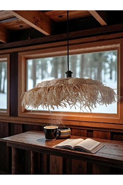 Ylc Tasarım Doğal Hasır "Tropikal Şapka" Saçaklı Sarkıt AVİZE (Geniş Form)