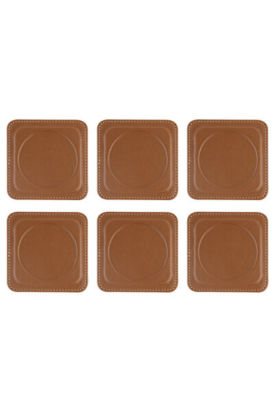 2K Coasters, Set of 6, Desktop Round Cup Coaster, Vegan Faux Leather, 11X11 Cm., Tan