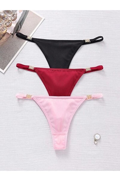 Maly Love Kadın Siyah Pembe Bordo 3lü Paket Halka Aksesuar Detaylı Tanga