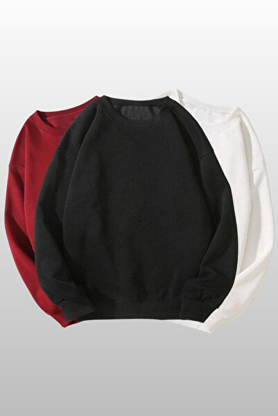 MODAGEN Unisex 3'lü Kırmızı Beyaz Siyah Bisiklet Yaka Oversize Sweatshirt