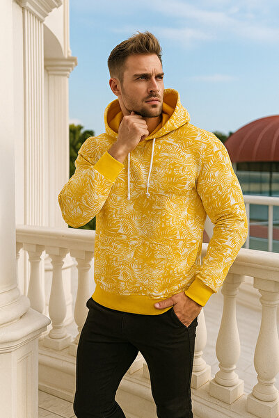 Rich Men's Patterned Pocket Detailed Basic Hooded Oversize Sweatshirt