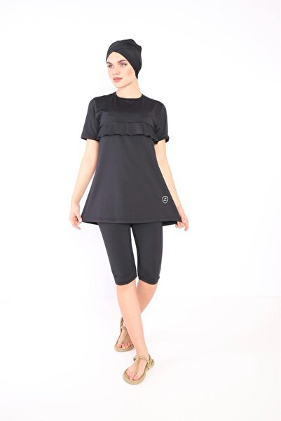 VAJESTO Kadın Siyah Yarım Kol Kapri Burkini Likralı Hızlı Kuruma Yarı Kapalı Havuz Mayosu