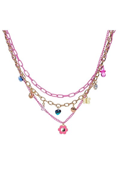 OEM Colier Triplu Roz cu Lant de Culoare Aurie & Pandative pentru Copii