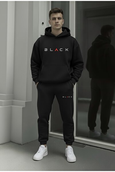 FUFLUNS Black Printed Men's Hooded Oversize Bottom/Upper Tracksuit Set