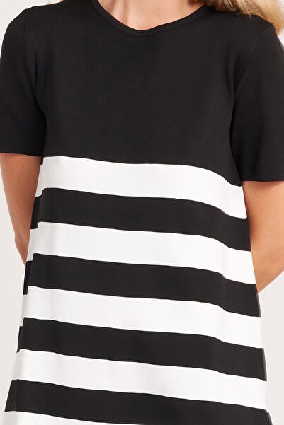 Tudors Kadın Standart Fit Kısa Kollu Bisiklet Yaka Çizgili Elbise