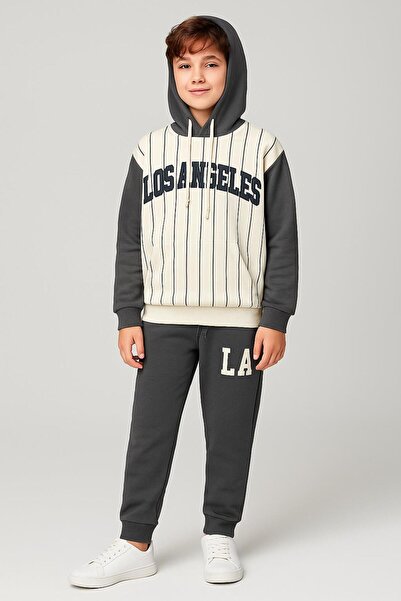 RAPAPA Boy's 2 Thread Printed Hooded Sweatshirt and Sweatpants 2-Piece Set 7489 Smoked