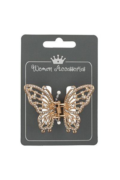 OEM Gold Metallic Butterfly Hair Clip with Silver Rhinestones for Women 6cm