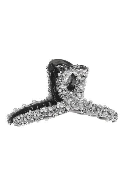 OEM Clama Par Neagra cu Margele Albe Stras Bucla pentru Femei 11cm