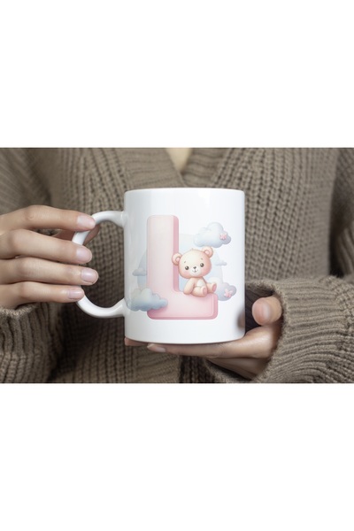 Beramussa كوب بحرف L الأولي مع تفاصيل دب لطيف، كوب وردي جميل كهدية - تمثال دب...