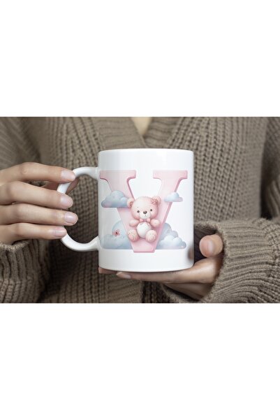 Beramussa V Initial Letter Cute Teddy Bear Detailed Mug Cup, Sweet Pink Cup G...
