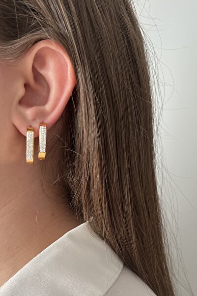 goccias 6'lı Işıltılı Geometrik Paslanmaz Çelik Küpe Seti - Üçgen, Top ve Dikdörtgen Kombini