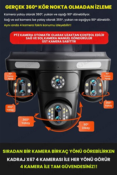 Kadraj 4 Kameraları 4G - eSim Solar Panelli, Her ay 15GB Turkcell 1 Yıl Hediyeli, 7/24 Kayıt Aov, Hareket A