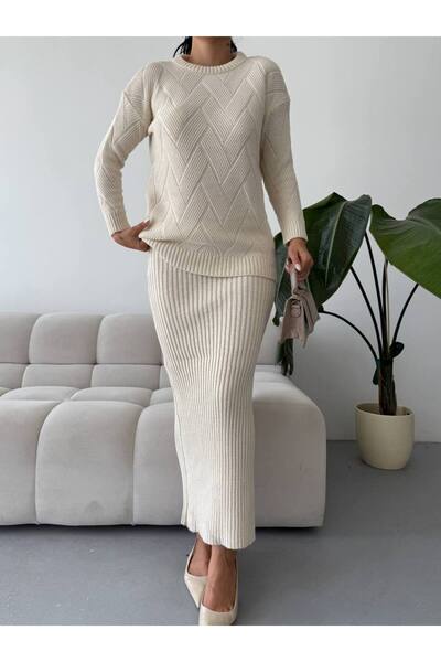 FRİYA Women's patterned, stylish and comfortable knit skirt and sweater set