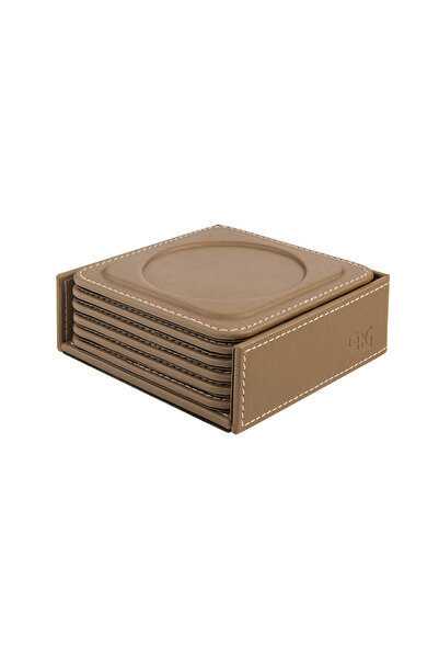 2K Coasters, Set of 6, Desktop Round Cup Coaster, Vegan Faux Leather, 11X11 Cm., Mink