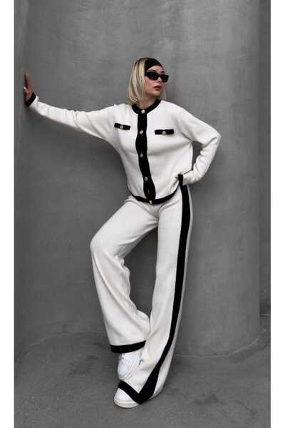 Cemre Life Women's Buttoned Cardigan and Wide-Leg Pants Knitwear Set