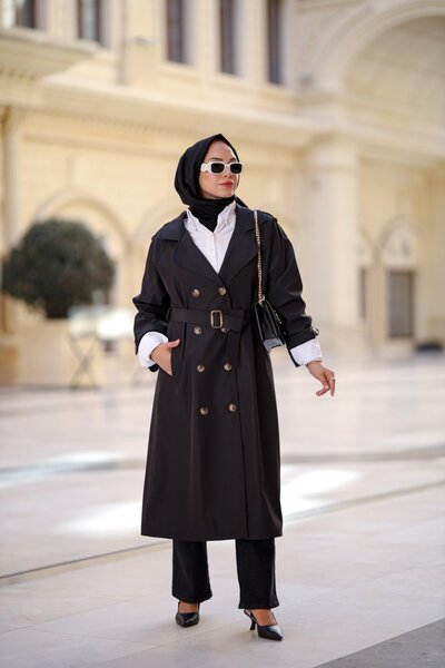 NS Moda Hijab Belted Trench Coat Black Model-550