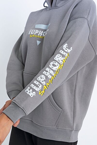 Sam and Sam Γυναικείο φούτερ με κουκούλα σε γκρι χρώμα Oversize 3 Thread – Με στάμπα στο μανίκι