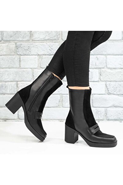 Modlet.ro Women's black suede block heel ankle boots made of leather MOD10688