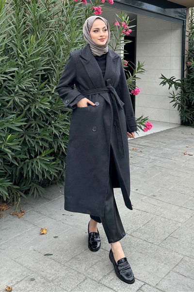 Ovn. Geniş Manşetli Kaşe Kaban - Antrasit