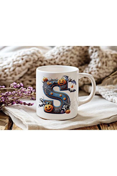 Beramussa كوب بمفهوم الهالوين بحرف أولي S - هدية الهالوين - شبكة عنكبوت شبحية...