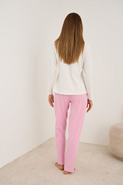 Siyah İnci pembe Kalp Nakışlı Pamuklu Fitilli Kaşkorse Örme Pijama Takım25226013