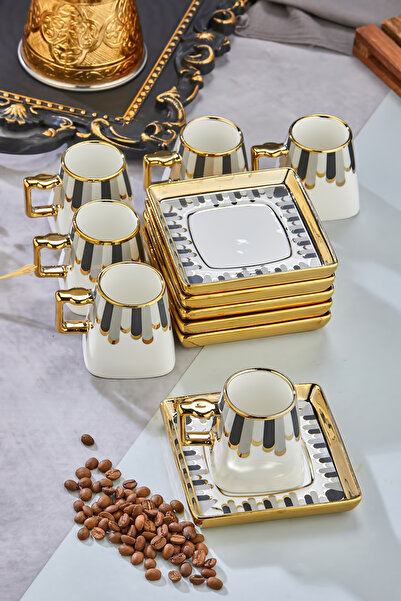 Cooker 90 ml Porcelain 6-Piece Coffee Cup Set - Stylish Design Gold Gilded Modern Cup Set
