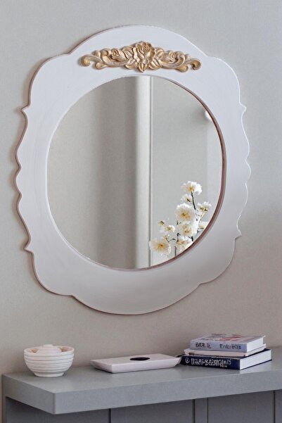 Decoratiuni Vintage Casa Retro Wooden mirror, decorative, vertical, hand-painted, antiqued ornament, white with gold, 40*50 cm