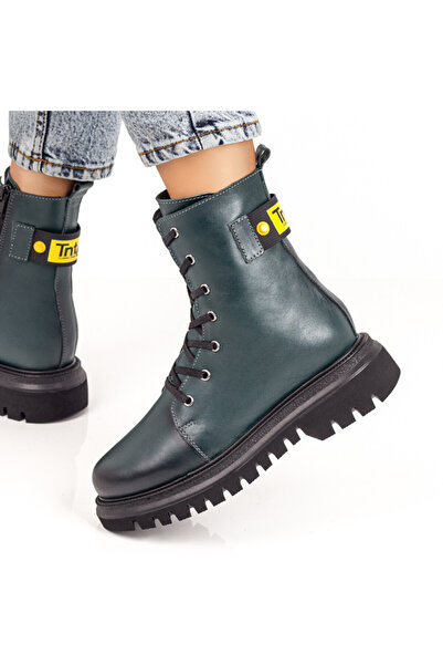 BMoD Ghete verzi pentru femei din piele naturală, cu șireturi și fermoar MOD0...