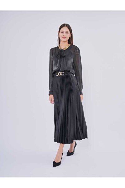 SERPİL Pileli Midi Beli Tokalı Şık Kadın Etek 50710
