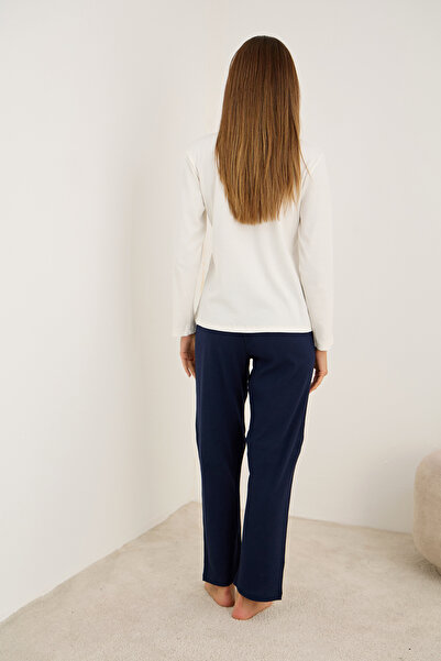 Siyah İnci lacivert Kalp Nakışlı Pamuklu Fitilli Kaşkorse Örme Pijama Takım25226013