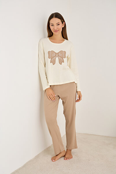 Siyah İnci Mink Bow Embroidered Cotton Ribbed Camisole Knitted Pajama Set25226012