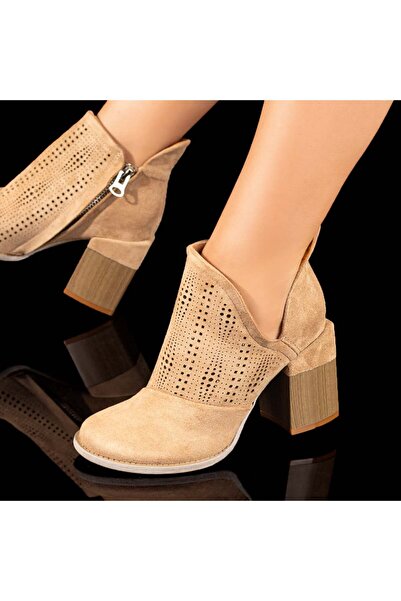 Modlet.ro Women's khaki suede perforated heel ankle boots MOD10386
