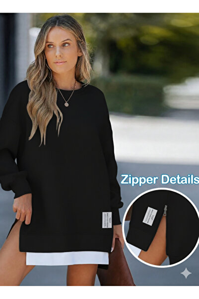 Afri Női túlméretezett pulóver oldalsó cipzárral, részletezett, hosszú ujjú fekete tunika
