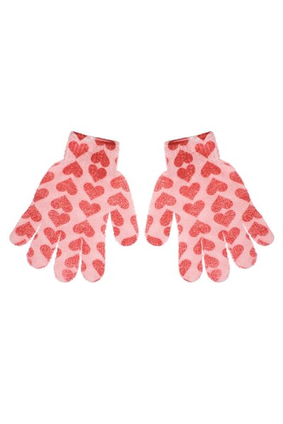 OEM Pink Exfoliating Bath Gloves with Red Hearts
