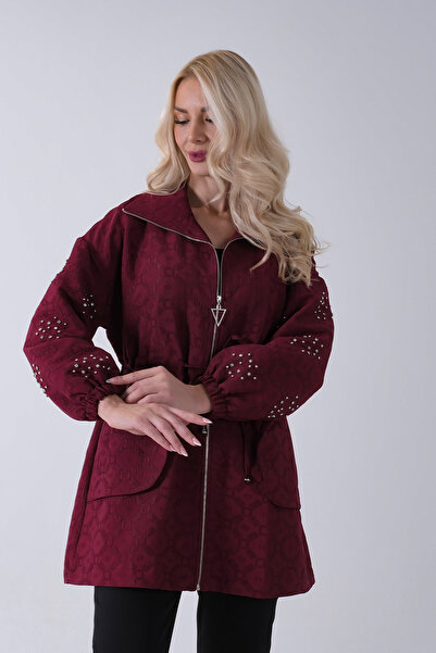 Feminist Üzeri Taş Detaylı Yandan Cepli Trenç Bordo 940140177