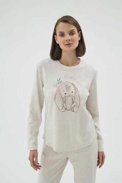 Sevim Set de pijamale cu mâneci lungi, cu decolteu, cu imprimeu, bej, pentru femei C0T2N271