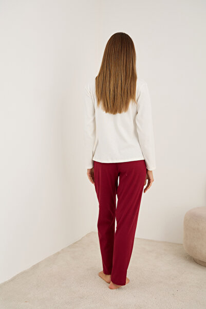 Siyah İnci bordo Kalp Nakışlı Pamuklu Fitilli Kaşkorse Örme Pijama Takım25226013