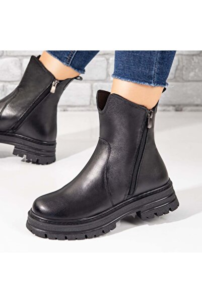 BMoD Ghete negre din piele naturală pentru femei cu fermoar MOD10459