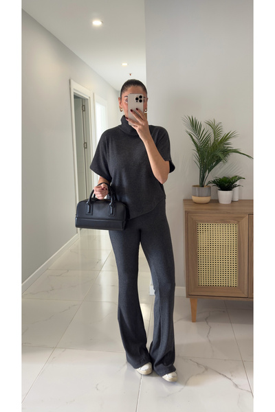 BİRCANÇİL Dlvin Sia Anthracite Asymmetrical Cut Knitted Trouser Set