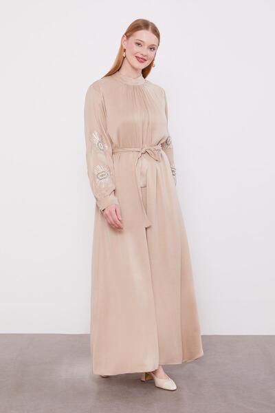 Levidor Beige Pearl Embroidery Detailed Cuıpra Dress