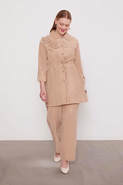 Levidor Beige Embroidered Shoulder Detail Cupra Two-Piece Set